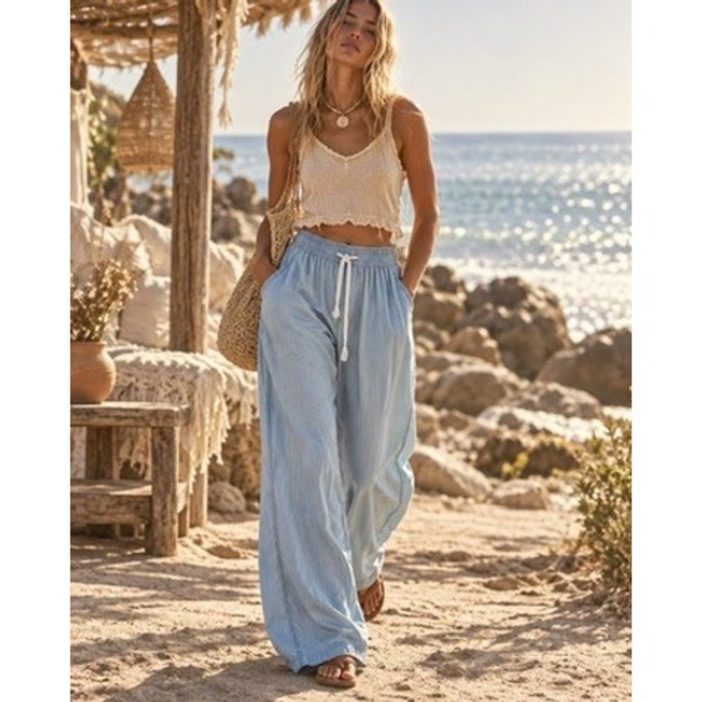Halara Light Blue Lyocell Wide Leg Palazzo Pants Petite Small Elastic Waist